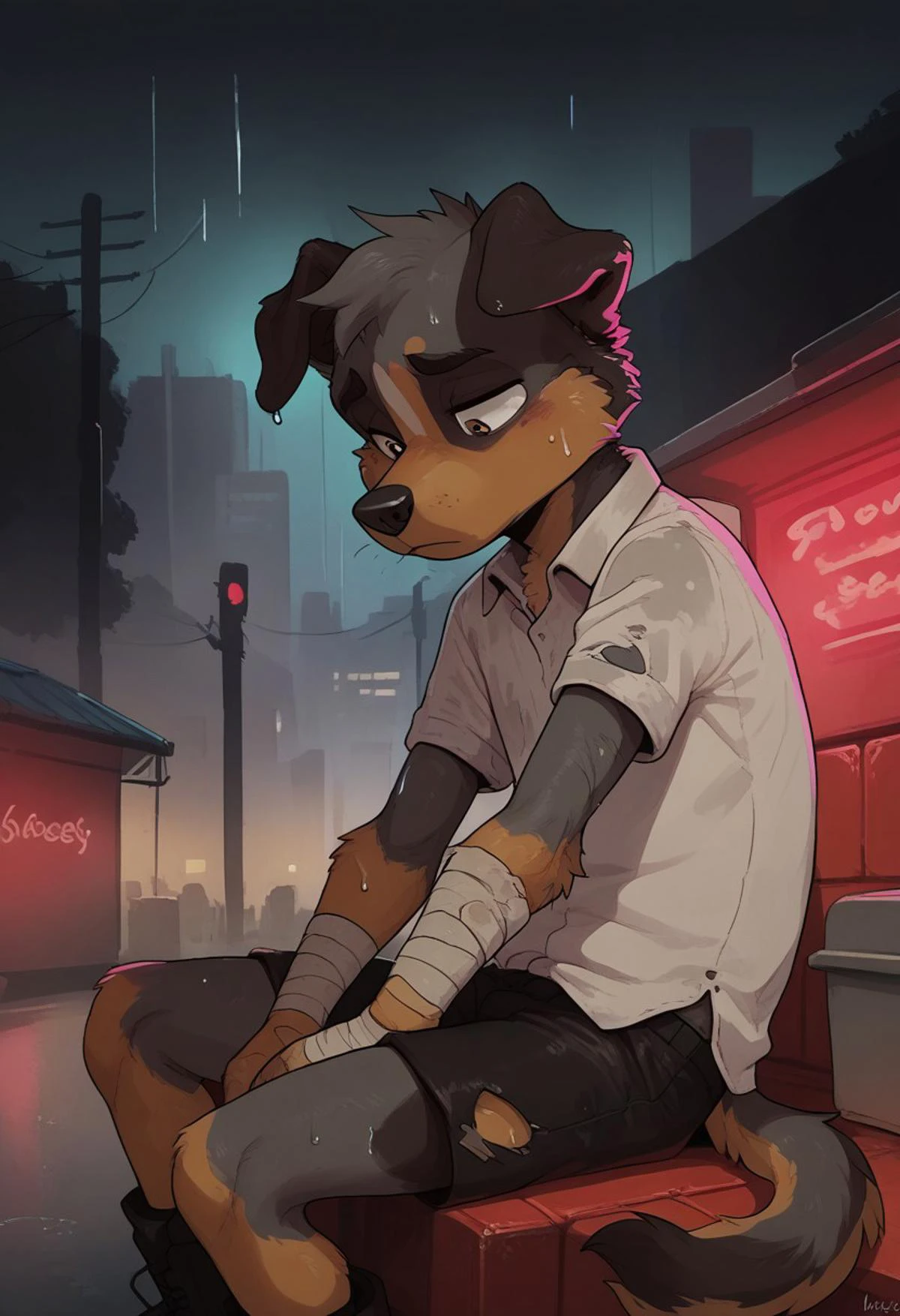 (easynegative:0.2 ) boy, dog, furry, anthro, young, two-tone body,
grey body, side view, torn clothes, shorts, grey t shirt, sitting on ladder, bandage on the arm, wet, sad face looking down, night, city, , homeless, solo, rain, ,shuuko, light colors, bright colours, cute,