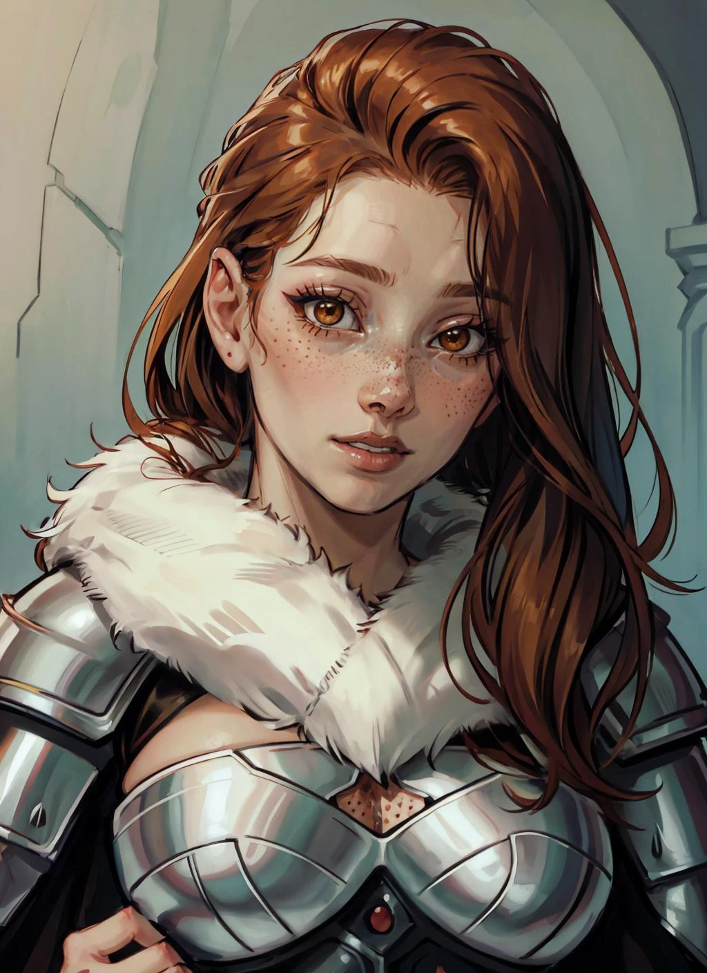 beautiful woman, Katyasitak , fur cloak, armor, (closeup, portrait shot), (solo), readhead , freckles, realistic, depth of field <lora:katyasitak-000010:1>
