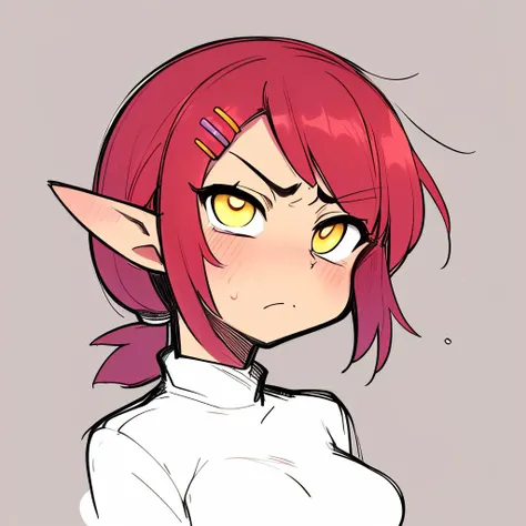 tall female, medium breasts, yellow eyes, red hair, pointy ears, sidelocks, pixie cut, short low ponytail, hairclip, upset, annoyed
, looking at viewer, <lora:1717486010691643256:0.8> ,solo, sketch, portrait, simple background <lora:KarasuChan:0.4>
