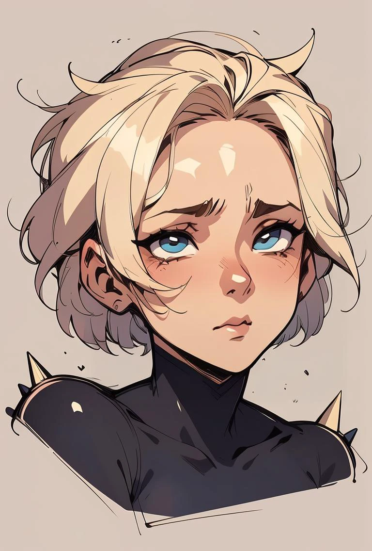 (masterpiece, best quality), 1girl, Icy Blonde Spiky Top with Tapered Sides, Sizes M to Z breasts, <lora:1717486010691643256:0.8> ,solo, sketch, portrait, simple background