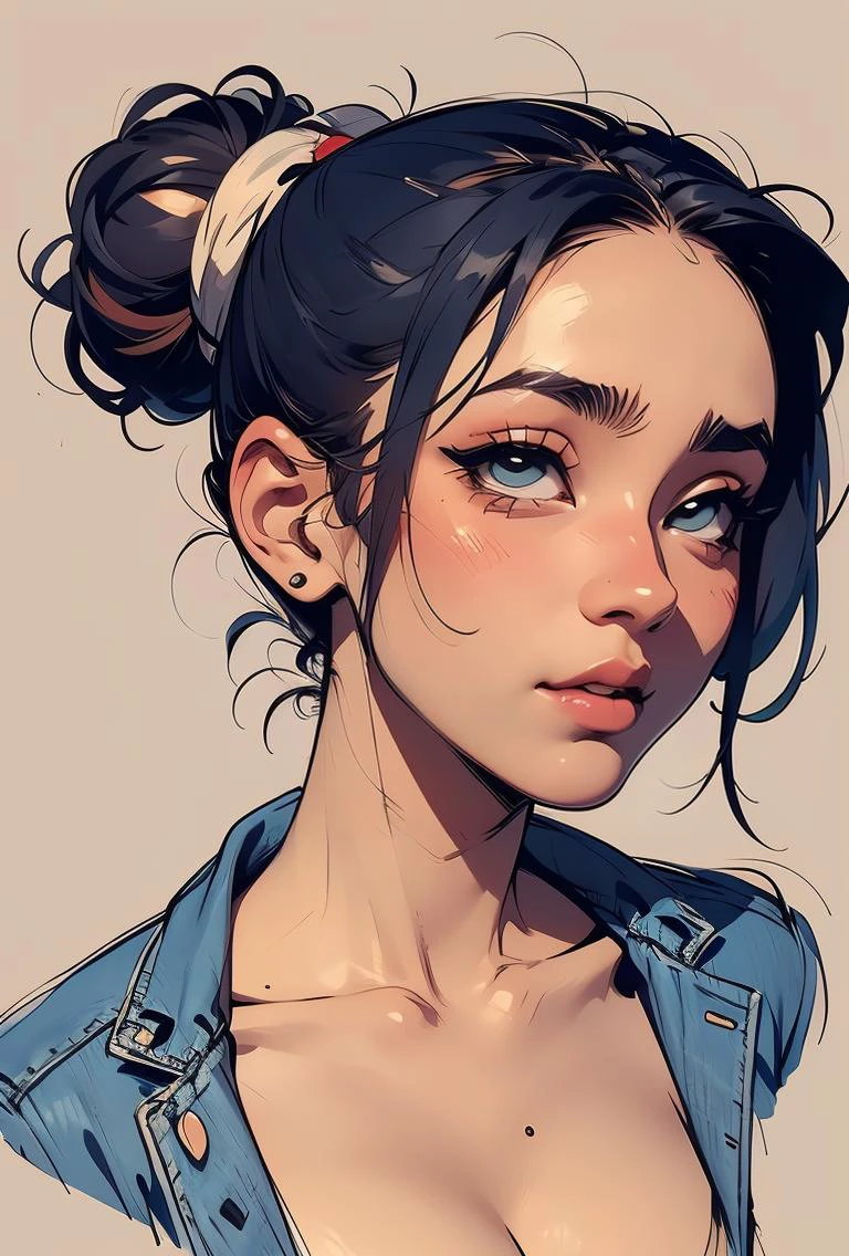 (masterpiece, best quality), 1girl, Denim Low Bun with Decorative Hair Stick, tiny breasts, <lora:1717486010691643256:0.8> ,solo, sketch, portrait, simple background