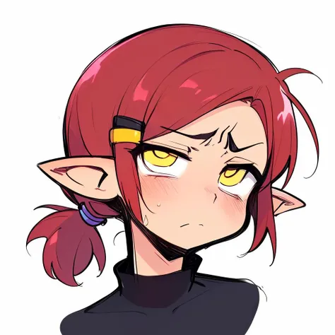 tall female, medium breasts, yellow eyes, red hair, pointy ears, sidelocks, pixie cut, short low ponytail, hairclip, upset, annoyed
, looking at viewer, <lora:1717486010691643256:0.8> ,solo, sketch, portrait, simple background <lora:KarasuChan:0.4>