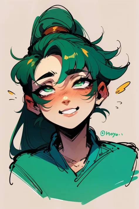 masterpiece, best quality, 1girl, solo, looking at viewer, <lora:EPfeLyn-06:0.7>, EPfeLyn, green hair, green eyes, long hair, ponytail, high ponytail, sketch, portrait, simple background, smile, <lora:AnimeSketchPortraits:1>