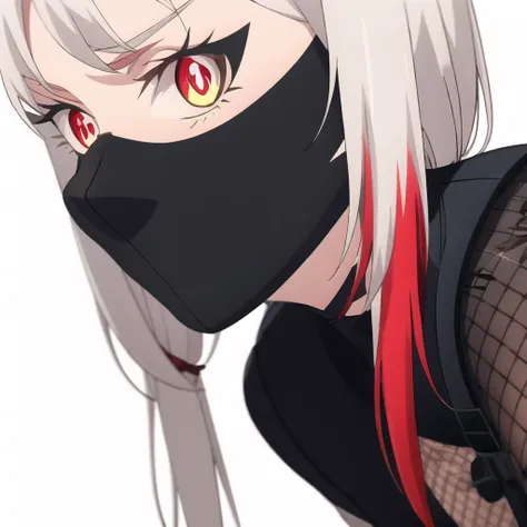 (kosetsuminobe:1.2), mask, (masterpiece:1.2), red eyes, (detailed eyes:1.3), best quality, long hair, grey hair, (full_body:1.1), (1girl:1.1), ahoge, red eyes, streaked_hair, (ninja mask:1.2), ninja equipment, fishnet_top, gloves, thin, tall, small breasts <lora:kosetsuminobe:1> <lora:SD15_noise_offset:0.7>