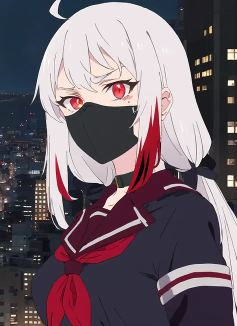 rooftop, detailed city environment, night time, looking down at the city, from_above, skistyle, (kosetsuminobe:1.2), mask, (masterpiece:1.2), red eyes, (detailed eyes:1.3), best quality, long hair, grey hair, (full_body:1.4), (1girl:1.1), ahoge, red eyes, streaked_hair, (ninja mask:1.2), (serafuku:1.3), thin, tall, small breasts <lora:kosetsuminobe:0.7> <lora:SD15_noise_offset:1.5> <lora:yaroArtstyleLora_v10:0.75>