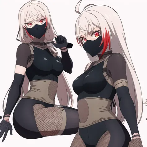 (kosetsuminobe:1.2), mask, (masterpiece:1.2), red eyes, (detailed eyes:1.3), best quality, long hair, grey hair, (full_body:1.1), (1girl:1.1), ahoge, red eyes, streaked_hair, (ninja mask:1.2), ninja equipment, fishnet_top, gloves, thin, tall, small breasts <lora:kosetsuminobe:1> <lora:SD15_noise_offset:0.7>