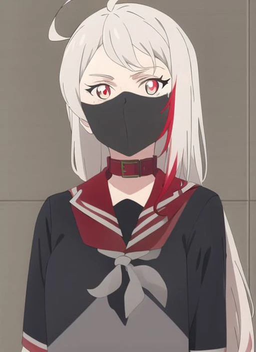 (kosetsuminobe:1.2), mask, (masterpiece:1.2), red eyes, (detailed eyes:1.3), best quality, long hair, grey hair, (full_body:1.1), (1girl:1.1), ahoge, red eyes, streaked_hair, (ninja mask:1.2), (serafuku with red collar:1.3), thin, tall, small breasts <lora:kosetsuminobe:1> <lora:SD15_noise_offset:0.7>