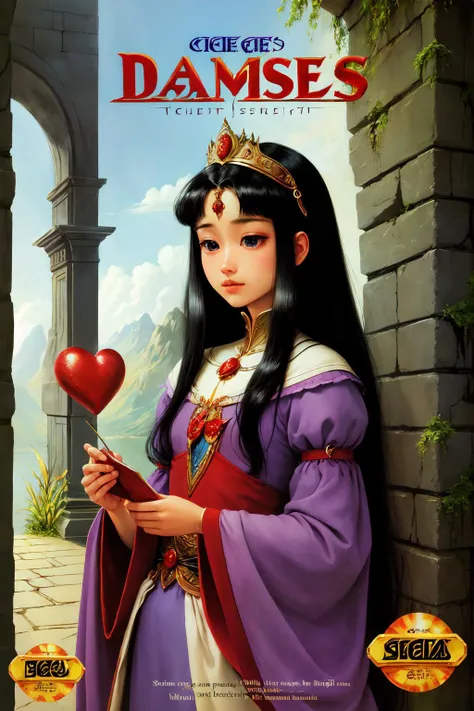 masterpiece,best quality, logo, English text, copyright name, a cursed princess seeks true love,cover, <lora:SegaBoxArtV1.3:1>