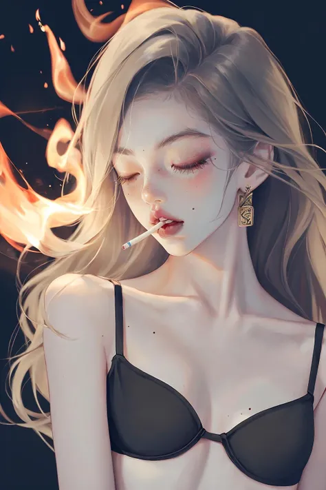 1girl,cigarette,solo,long hair,hair over one eye,mouth hold,jewelry,smoking,earrings,mole under eye,closed eyes,lips,mole,freckles,flame,dark background,black bra strap,upper body,<lora:guastary2:0.9>,