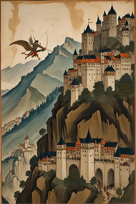 a winged archer and high buildings in a mountain fortress city in the style of christian, f/2, <lora:sdxl_lightning_8step_lora.safetensors:1.0>, <lora:add detail xl.safetensors:1.5>,