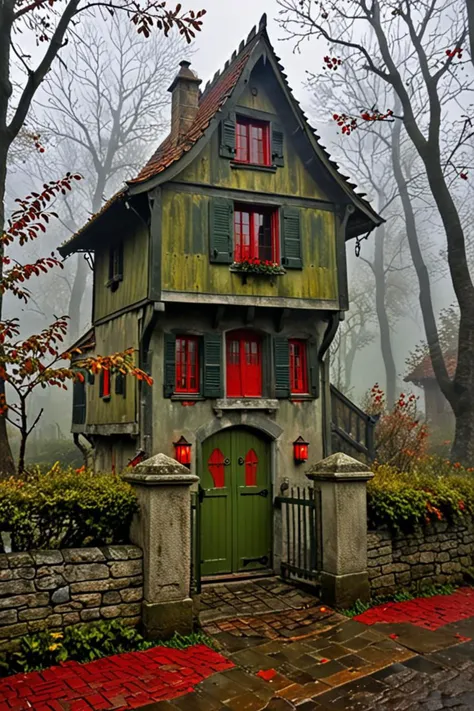 a sophisticated armor and small cottage with red shutters in a ominous foggy environment in the style of olive green and venetian red, he is very happy, <lora:sdxl_lightning_8step_lora.safetensors:1.0>, <lora:add detail xl.safetensors:1.5>,