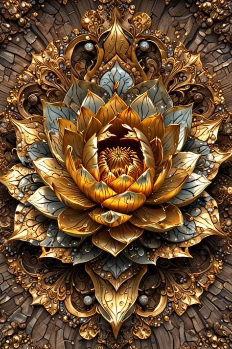 a chunky and gilded lotus royalty in a crashed in the ground in the style of symmetry fractal, i s complex, <lora:sdxl_lightning_8step_lora.safetensors:1.0>, <lora:add detail xl.safetensors:1.5>,