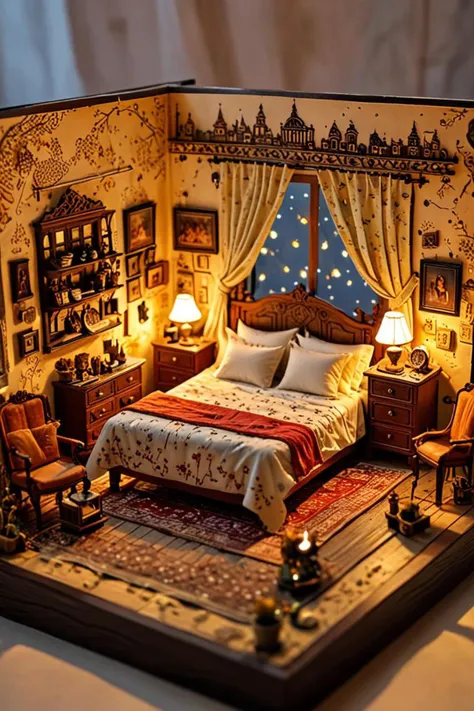 a lots of decoration and furniture and beautiful detailed miniature in a couple on bed in the style of projections of, facing away, <lora:sdxl_lightning_8step_lora.safetensors:1.0>, <lora:add detail xl.safetensors:1.5>,