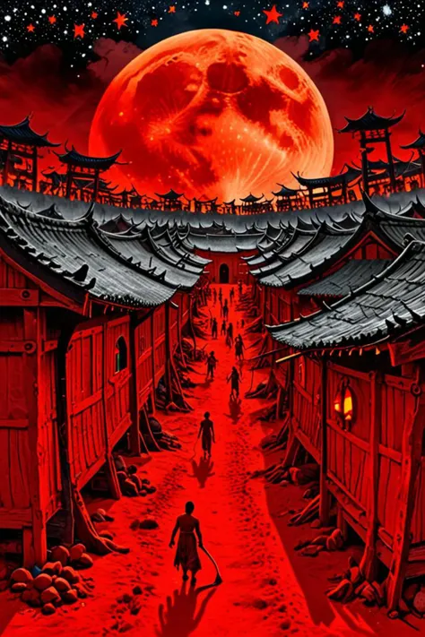 a longhouse and dante's inferno in a huge red moon in the style of starry, soul penetrating invasive eyes, <lora:sdxl_lightning_8step_lora.safetensors:1.0>, <lora:add detail xl.safetensors:1.5>,