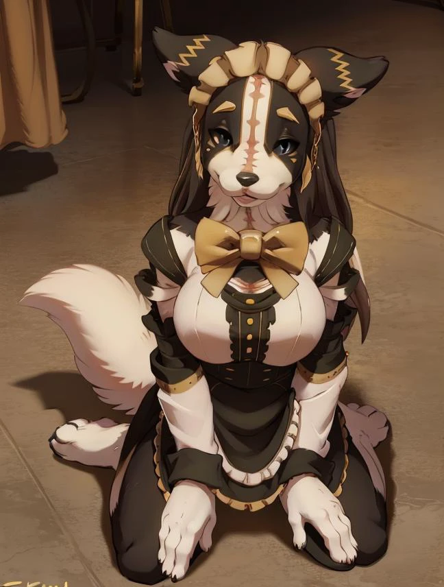 waitress, Pestonya, furry, solo, female, anthro domestic dog, multicolored fur, black fur, scar, white fur, golden headwear, headgear, (white marking on hands), mask, frilled maid dress with sleeves, bowtie, servant pose, big breasts, (best quality), neck tuft, by fluff-kevlar, twinkle-sez, foxovh, ruardi, chunie, overlord (maruyama), kneeling in front of the viewer, viewer in front of her, top view, <lora:pestonya-beta:0.8>