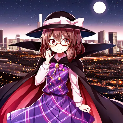 <lora:sumireko_touhou:0.6> 1girl, sumireko_touhou, cape, black hat, brown eyes, night city, city lights, masterpiece, best quality