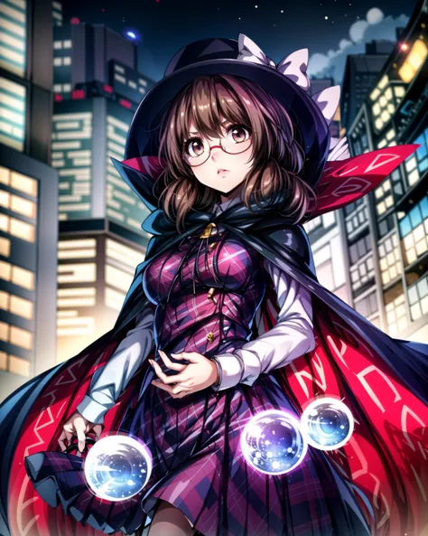 <lora:sumireko_touhou:1>, 1girl, cowboy shot, cinematic angle, beautiful detailed eyes, symmetrical, medium_breasts, sumireko_touhou, cape, black_hat, brown_eyes, glasses, flying above night cityscape, magic circles, solo, perfect composition, (kbxll:0.6), <lora:add_detail:1>, masterpiece, best quality, <lyco:GoodHands-beta2:1.0>