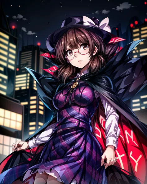 <lora:sumireko_touhou:1>, 1girl, cowboy shot, cinematic angle, beautiful detailed eyes, symmetrical, medium_breasts, sumireko_touhou, cape, black_hat, brown_eyes, glasses, flying above night cityscape, magic circles, solo, perfect composition, <lora:add_detail:1>, masterpiece, best quality, <lyco:GoodHands-beta2:1.0>