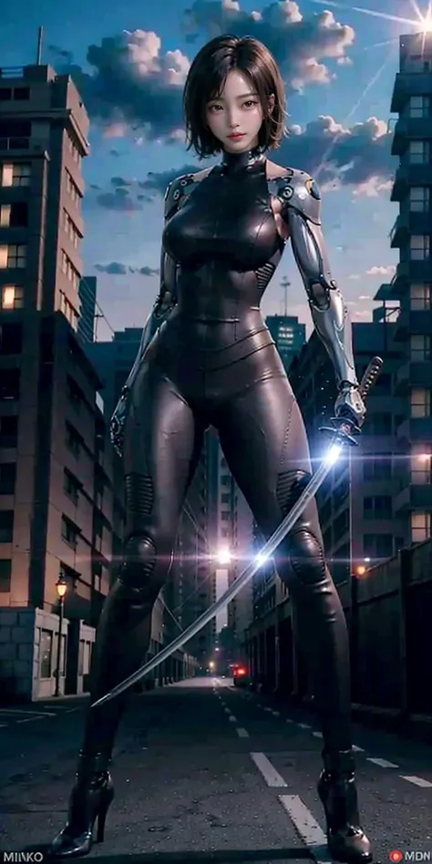 1girl, katana, holding katana,  cyborg, bodysuit, full body, stand,  big breasts, high heels, outdoor, future city,  masterpiece, best quality,8k