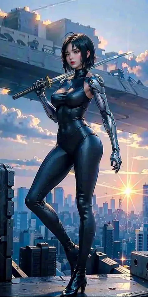 1girl, katana, holding katana, katana over shoulder, cyborg, bodysuit, full body, stand,  big breasts, high heels, outdoor, future city,  masterpiece, best quality,8k