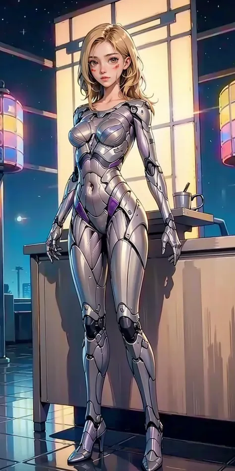 cyborg, 1girl, solo, high-heels, full body, stand,  long hair, blonde hair,  masterpiece, best quality,8k,  ((((In a vibrant night market))))