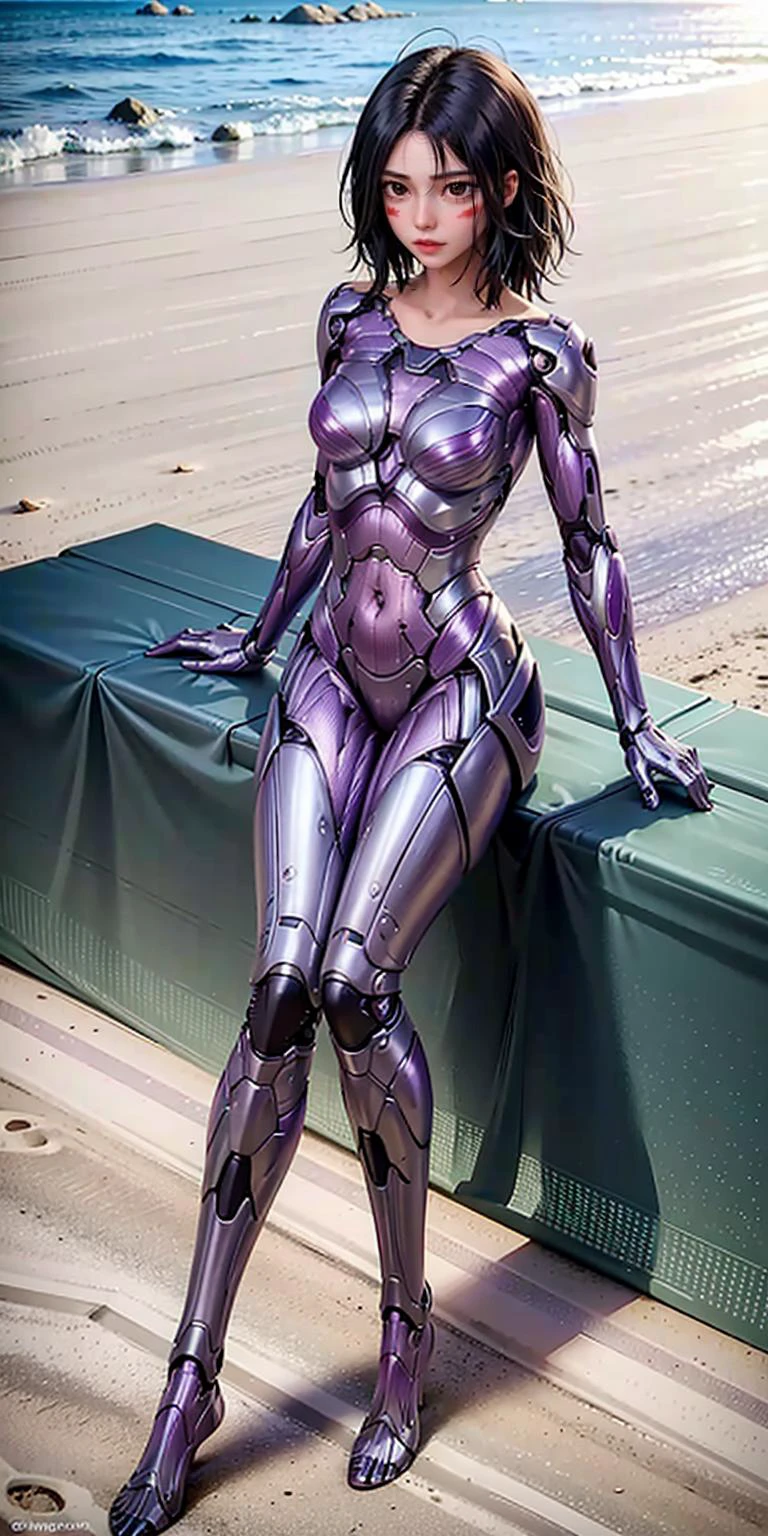 cyborg, 1girl, solo, high-heels, full body, stand, long hair, black hair, purple skin, masterpiece, best quality,8k, ((((On a sunny beach))))