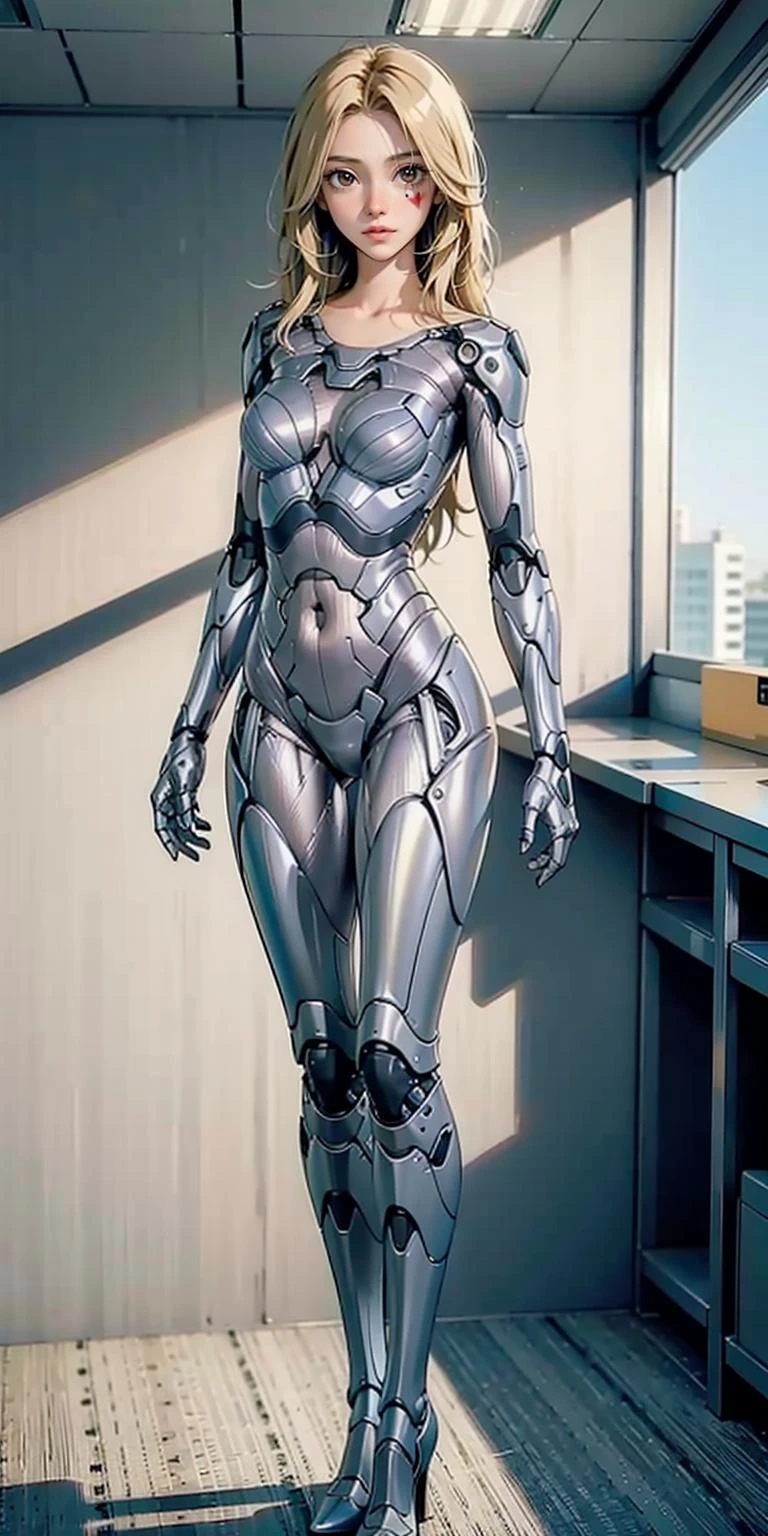 cyborg, 1girl, solo, high-heels, full body, stand, long hair, blonde hair, masterpiece, best quality,8k, ((((In a modern office))))