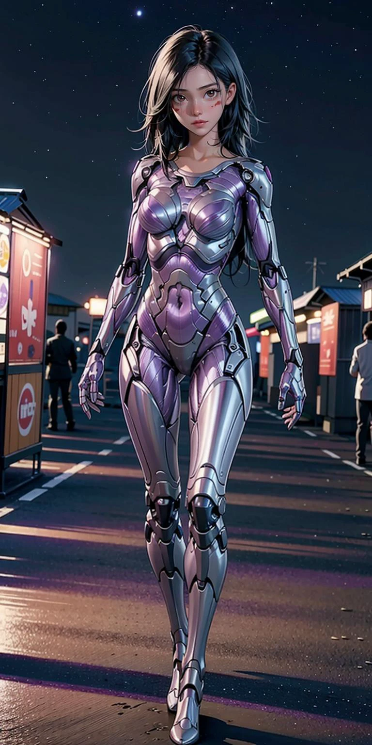 cyborg, 1girl, solo, high-heels, full body, stand, long hair, black hair, purple skin, masterpiece, best quality,8k, ((((In a vibrant night market))))