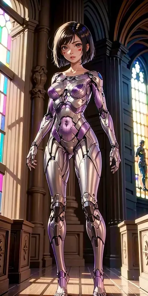 cyborg, 1girl, solo, high-heels, full body, stand, purple skin, Bob Cut, masterpiece, best quality,8k, (((Inside an old church)))