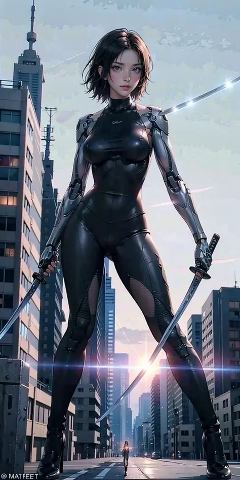 1girl, katana, holding katana, cyborg, bodysuit, full body, stand, big breasts, high heels, outdoor, future city, masterpiece, best quality,8k