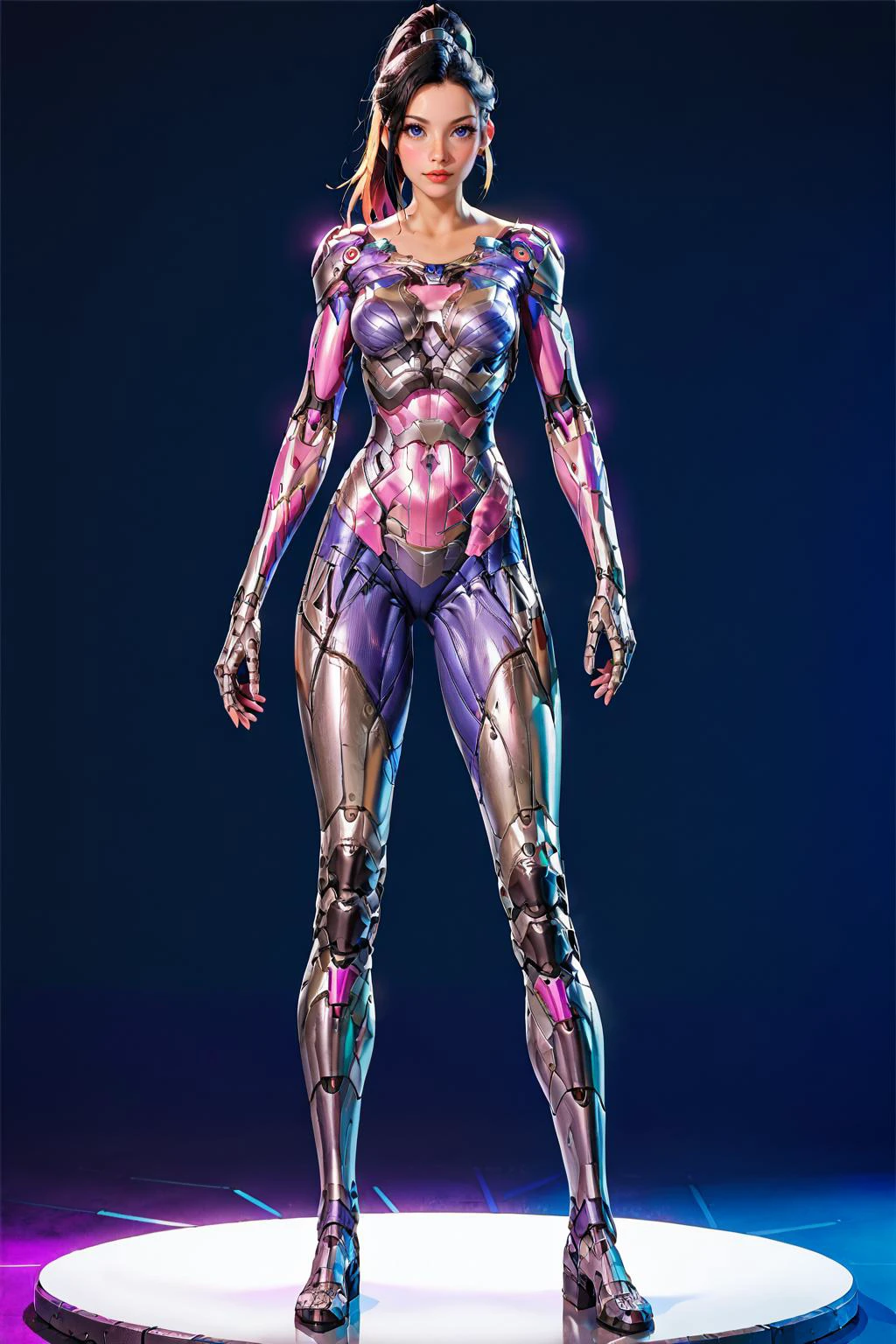 1girl, cyborg, cyberpunk, ponytail, blone hair, full body, simple background, masterpiece, best quelity, 8k,score_9, score_8_up, score_7_up,