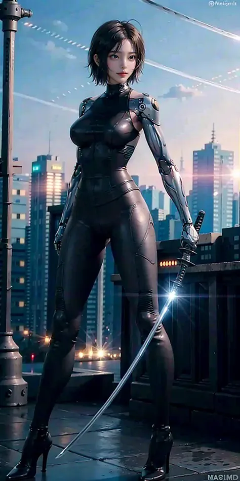 1girl, katana, holding katana,  cyborg, bodysuit, full body, stand,  big breasts, high heels, outdoor, future city,  masterpiece, best quality,8k