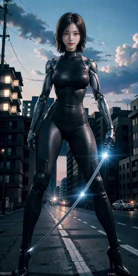 1girl, katana, holding katana, cyborg, bodysuit, full body, stand, big breasts, high heels, outdoor, future city, masterpiece, best quality,8k