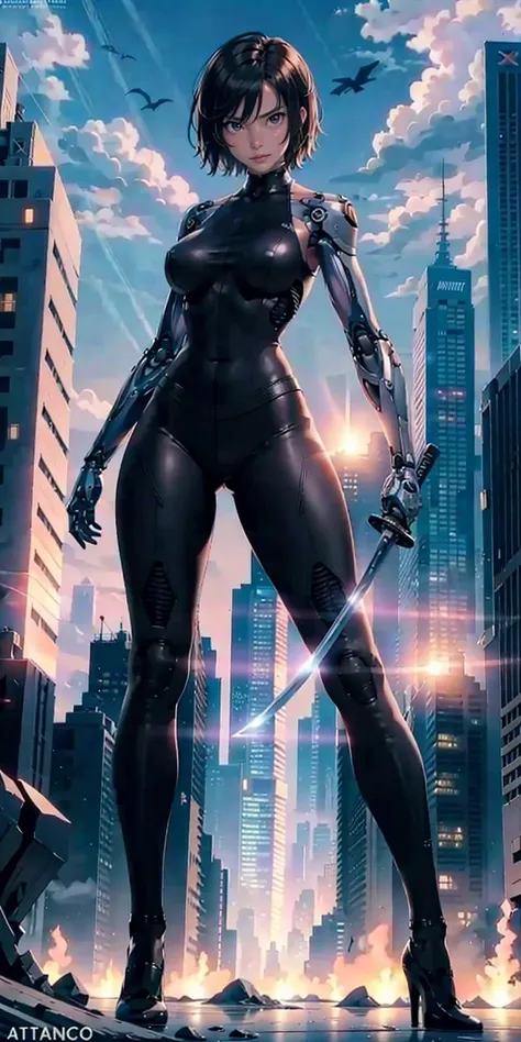 1girl, katana, holding katana, cyborg, bodysuit, full body, stand, big breasts, high heels, outdoor, future city, masterpiece, best quality,8k