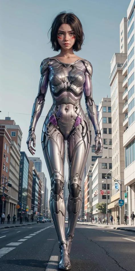 cyborg, 1girl, solo, high-heels, full body, stand,  Bob Cut,  masterpiece, best quality,8k,  (((On a busy city street)))