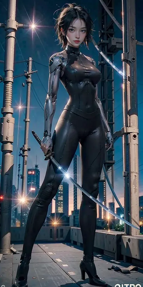 1girl, katana, holding katana,  cyborg, bodysuit, full body, stand,  big breasts, high heels, outdoor, future city,  masterpiece, best quality,8k