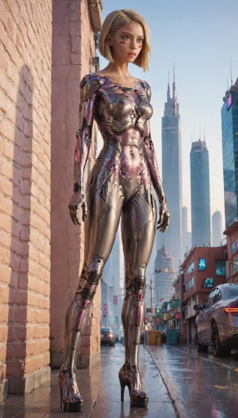 1girl,  (cyborg), high heels, stand, full body, cyberpunk, future city, Bob cut, blonde hair,  masterpiece, best quality, 8k, score_9, score_8_up, score_7_up, Amidst beautiful mountains