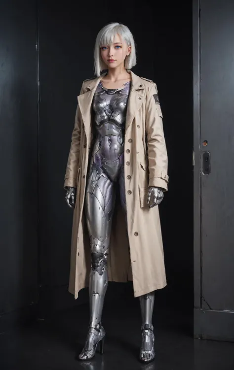 1girl, cyborg, high heels, stand, full body, cyberpunk, future city, Bangs, White hair, trench coat, open coat, masterpiece, best quelity, 8k,score_9, score_8_up, score_7_up, In a modern office