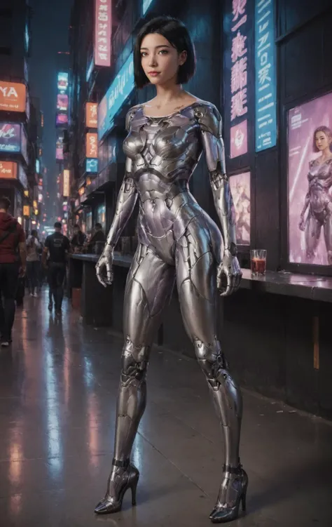1girl,  cyborg, high heels, stand, full body, cyberpunk, future city, Bob Cut, black hair,  masterpiece, best quelity, 8k,score_9, score_8_up, score_7_up,