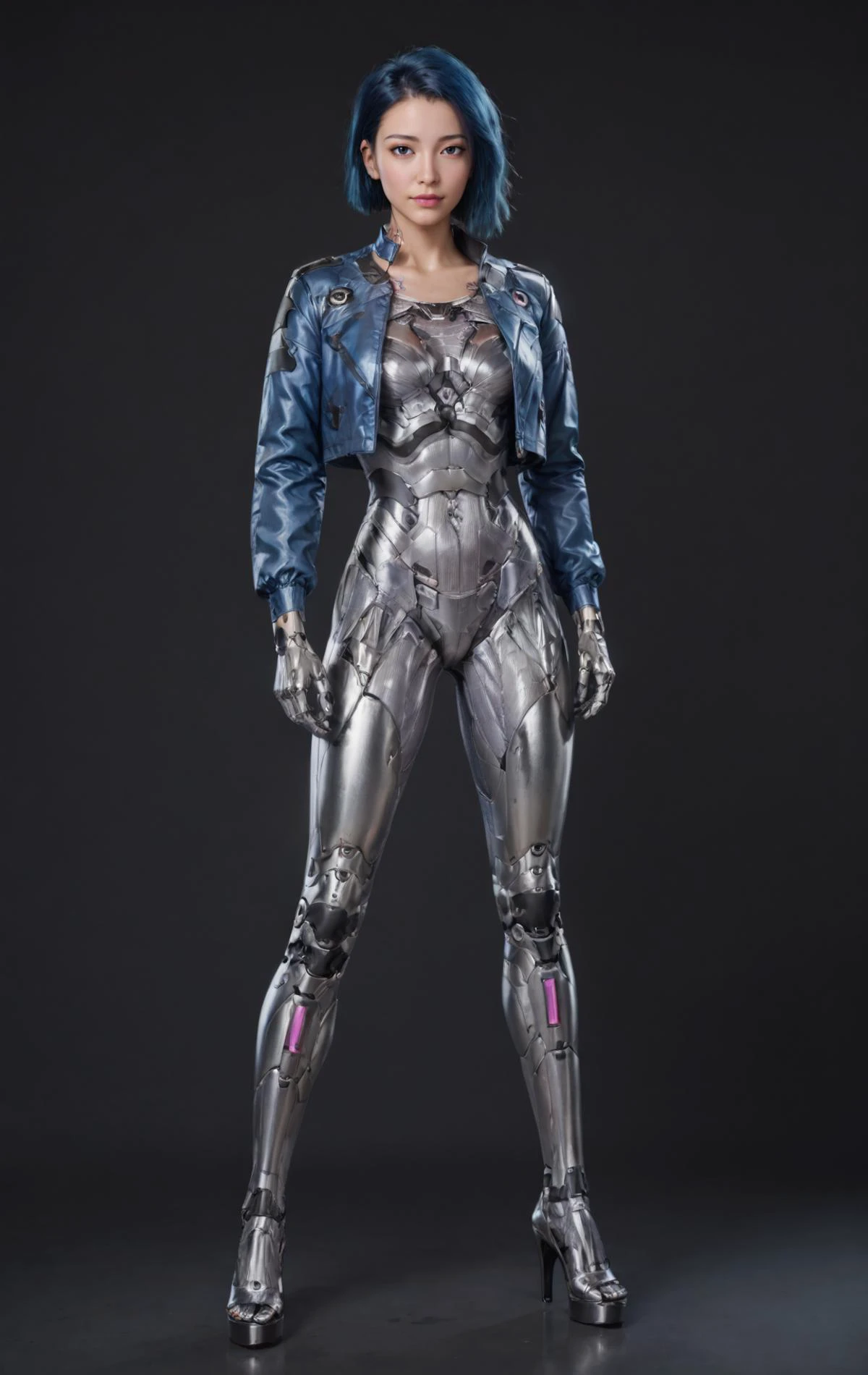1girl, cyborg, high heels, stand, full body, cyberpunk, future city, Short layers, Blue hair, open jacket, cropped jacket, masterpiece, best quelity, 8k,score_9, score_8_up, score_7_up, In a modern office