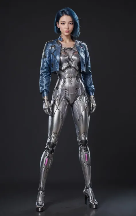 1girl,  cyborg, high heels, stand, full body, cyberpunk, future city, Short layers, Blue hair, open jacket, cropped jacket,   masterpiece, best quelity, 8k,score_9, score_8_up, score_7_up, In a modern office