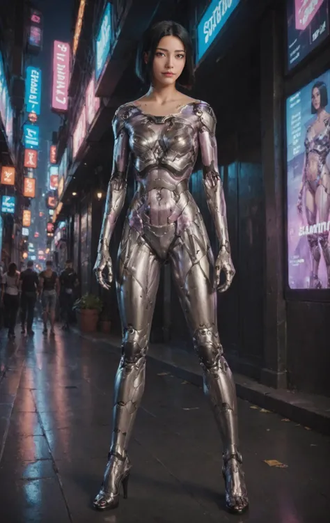 1girl, cyborg, high heels, stand, full body, cyberpunk, future city, Bob Cut, black hair, masterpiece, best quelity, 8k,score_9, score_8_up, score_7_up, In a tranquil countryside town