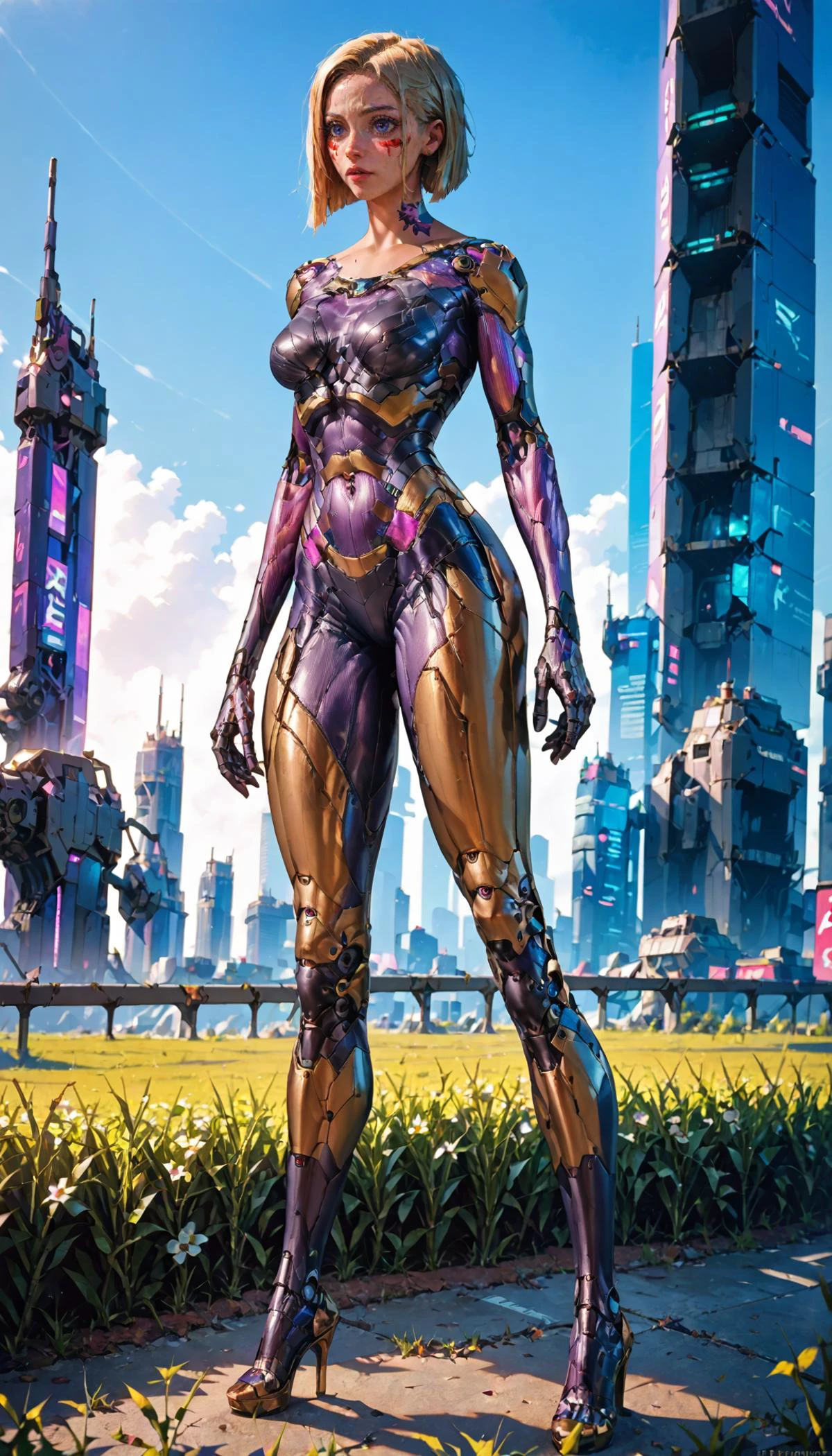 1girl, (cyborg), high heels, stand, full body, cyberpunk, future city, Bob cut, blonde hair, masterpiece, best quality, 8k, score_9, score_8_up, score_7_up, On an exhilarating sports field