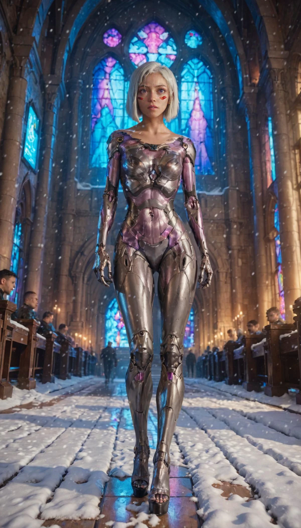 1girl, (cyborg), high heels, stand, full body, cyberpunk, future city, Bob cut, white hair, snowing, snow, masterpiece, best quality, 8k, score_9, score_8_up, score_7_up, Inside an old church