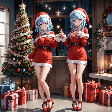 some beautiful blue-skinned elf girls with delicate sapphire hair, ice blue eyes in a red and green bikini, playing in the snow (tossing snowballs, building snow women, splashing snow at one another) outside Santa's workshop on a starry night, lots of Christmas decorations, gingerbread and gum drop elf cabins, ultra-realistic, 8k, highly detailed, masterpiece, volumetric lighting, photorealistic, intricate, elegant, ethereal, whimsical, fantasy, soft warm lighting
