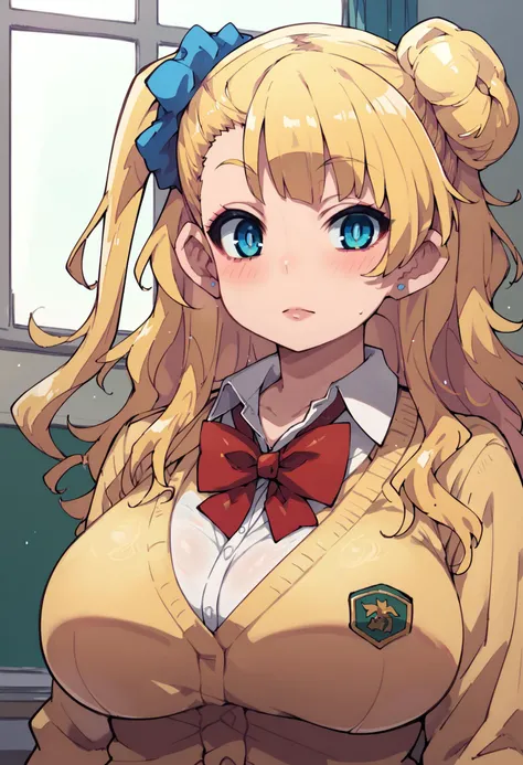 <lora:PONY-ç»-zankuro:0.8> ,score_9, score_8_up, score_7_up, score_6_up, 1girl, solo, <lora:PONY-人-辣妹å:0.7>,blonde hair, blue eyes, single hair bun, one side up, blue scrunchie,huge breasts, cleavage, school uniform, yellow cardigan, long sleeve, red bow tie,looking at viewer,, uncensored,<lora:add-detail-xl:1>,