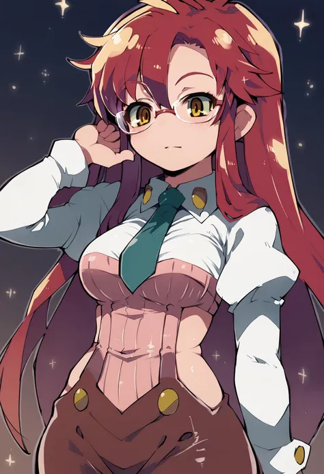 <lora:PONY-ç»-zankuro:1> ,score_9, score_8_up, score_7_up, score_6_up, 1girl, solo, <lora:PONY-人-ä¼åèå¸:0.8>,yomako, yoko littner, 1girl, red hair, long hair, hair down, yellow eyes,glasses, shrug \(clothing\), juliet sleeves, sweater, necktie, long skirt, brown skirt, side slit,, uncensored,<lora:add-detail-xl:1>,
