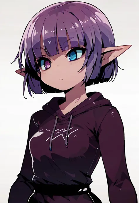 score_9, score_8_up, <lora:zankuroXLP6_lokr_V4236:0.95>, girl, solo, thin waist, violet hair, Bob cut, violet eye, blue eye, violet hoodie, elf ears, small breasts
