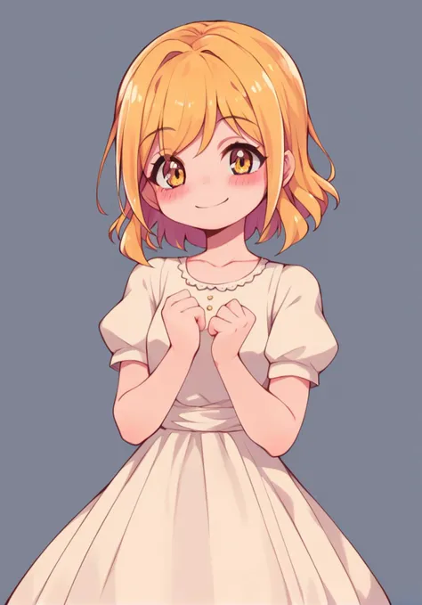 score_9, score_8_up, score_7_up, masterpiece, best quality, 1girl, solo, <lora:AnisonChanV1:1>, Anison-Chan, blonde hair, yellow eyes, smile, blush, dress, short sleeves, <lora:zankuroXLP6lokrV4236:0.8>
