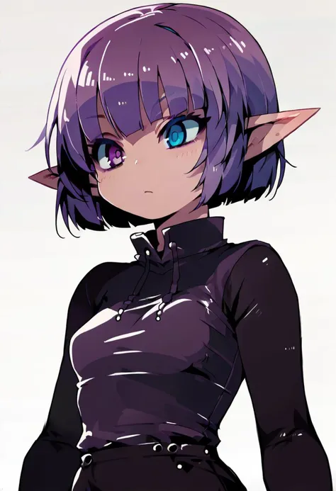 score_9, score_8_up, <lora:zankuroXLP6_lokr_V4236:0.95>, girl, solo, thin waist, violet hair, Bob cut, violet eye, blue eye, purple hoodie, elf ears, small breasts